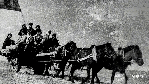 20世纪50年代,苏尼特右旗乌兰牧骑的演员们乘马车下乡演出。(AI复原动图)