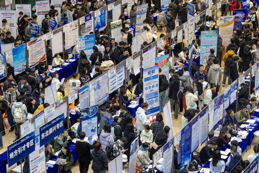 2025年3月26日,在哈尔滨工业大学一校区体育馆内,学生在查看招聘岗位信息。新华社记者 张涛 摄