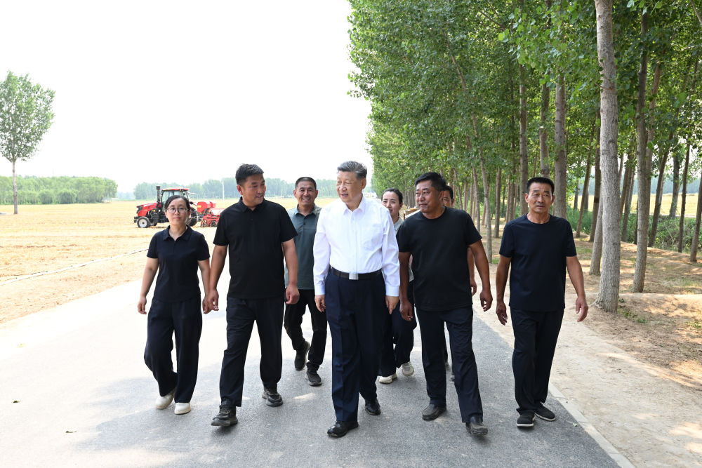 6月24日,中共中央总书记、国家主席、中央军委主席习近平在山东省德州市考察。这是习近平在陵城区边临镇东于架村同种粮大户、农机手、农技人员亲切交流。新华社记者 谢环驰 摄