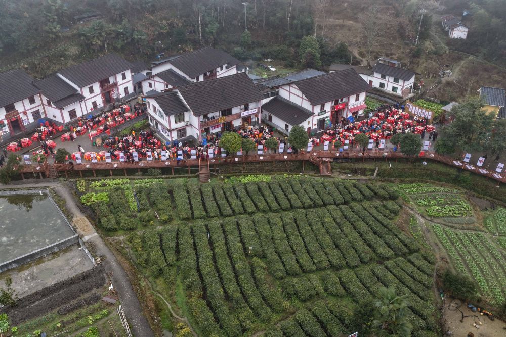 这是江西省井冈山市茅坪镇神山村举办的“神山宴”活动现场(2026年2月1日摄,无人机照片)。新华社记者 周密 摄