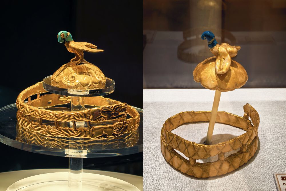 内蒙古博物院展出的鹰顶金冠饰(左图);呼和浩特市第三十中学学生复刻的鹰顶金冠饰(右图)。新华网发